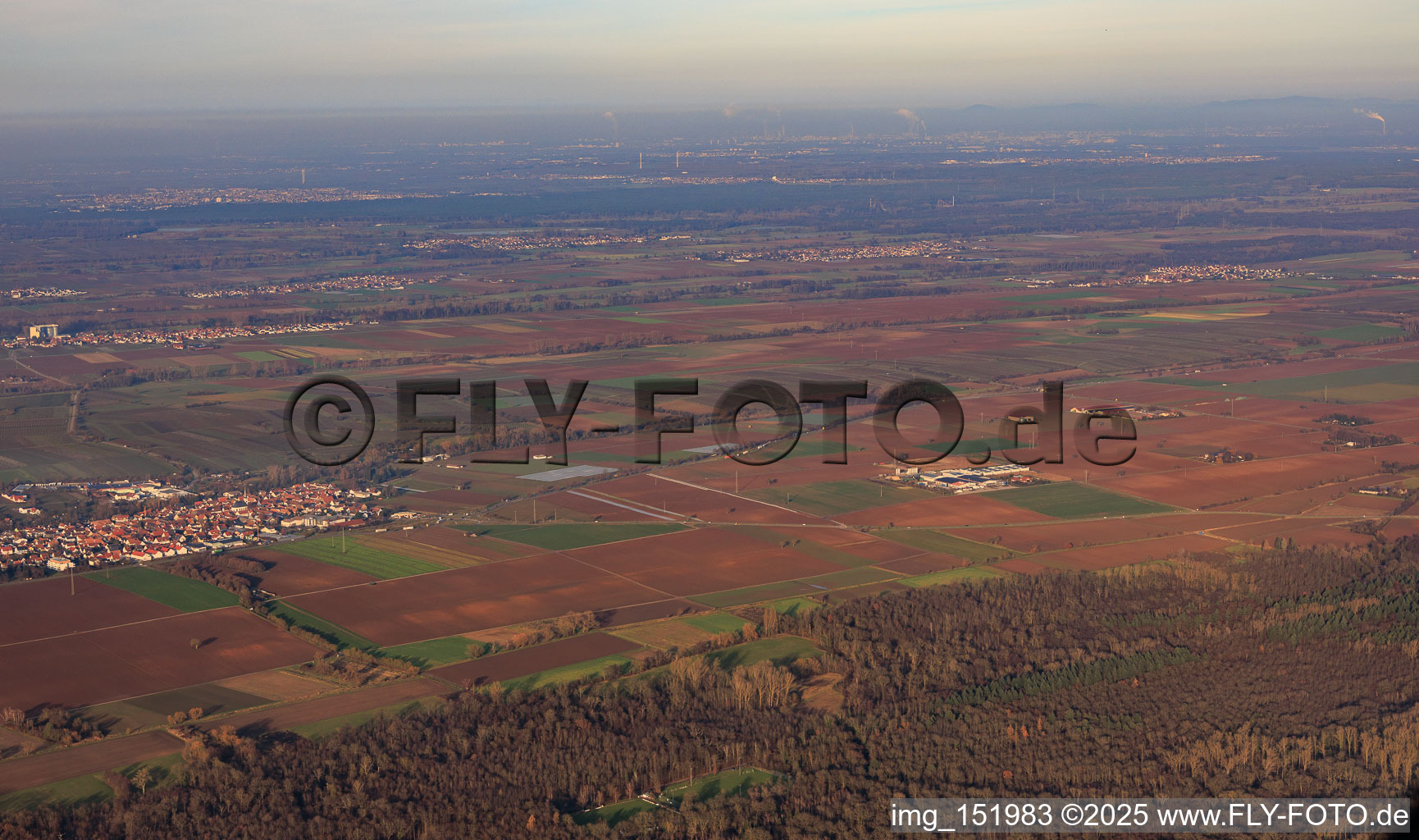 Winter fields between Zeiskam and Hochstadt from the south in the district Niederhochstadt in Hochstadt in the state Rhineland-Palatinate, Germany