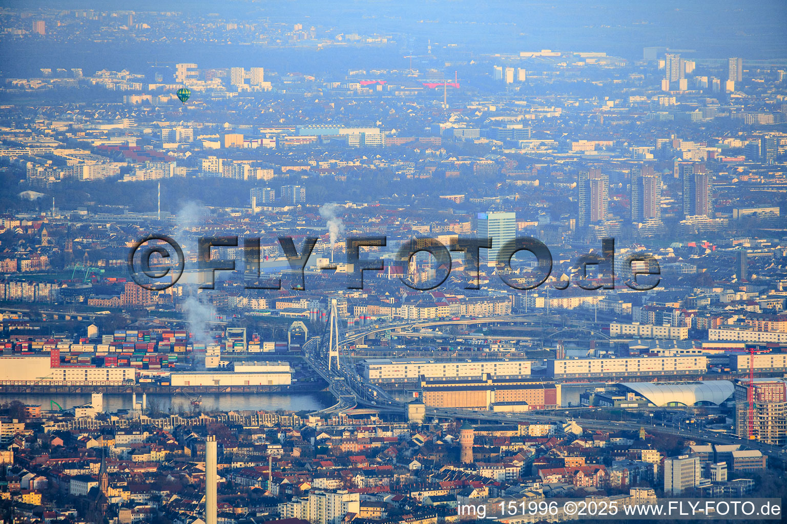 Beyond the Kurt-Schumacher-Bridge from the west in the district Innenstadt in Mannheim in the state Baden-Wuerttemberg, Germany