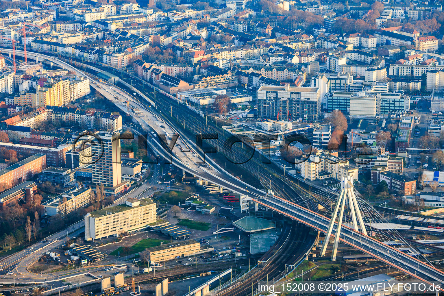 Pylon bridge over the main train station and construction site for the renovation of the elevated highway Süd (B37) in the district Süd in Ludwigshafen am Rhein in the state Rhineland-Palatinate, Germany
