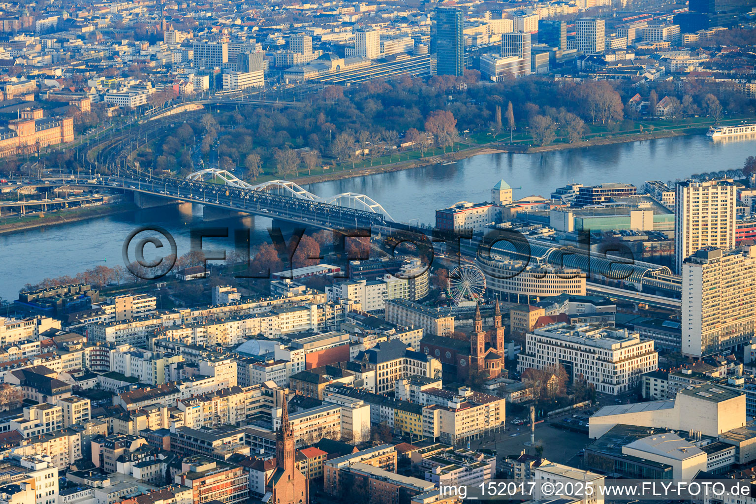 City overview from the west to the Rhine and the Konrad Adenauer Bridge in the district Mitte in Ludwigshafen am Rhein in the state Rhineland-Palatinate, Germany