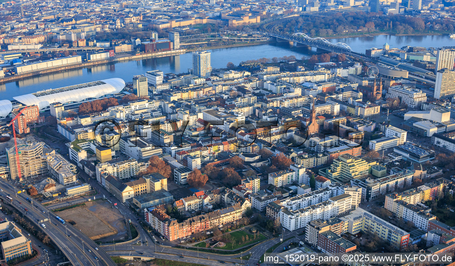 Aerial view of City overview from the west to the Rhine and the Konrad Adenauer Bridge in the district Mitte in Ludwigshafen am Rhein in the state Rhineland-Palatinate, Germany