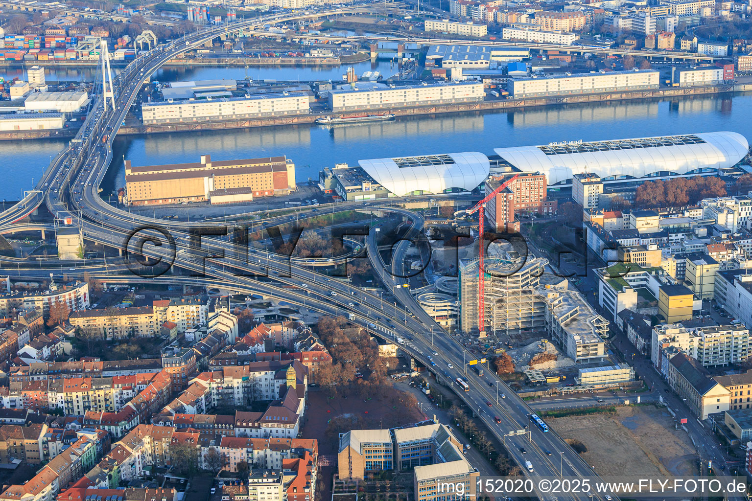 Oblique view of Partially demolished former Ludwigshafen town hall in the former town hall center on the still-to-be-demolished elevated highway (B44) in the district Mitte in Ludwigshafen am Rhein in the state Rhineland-Palatinate, Germany