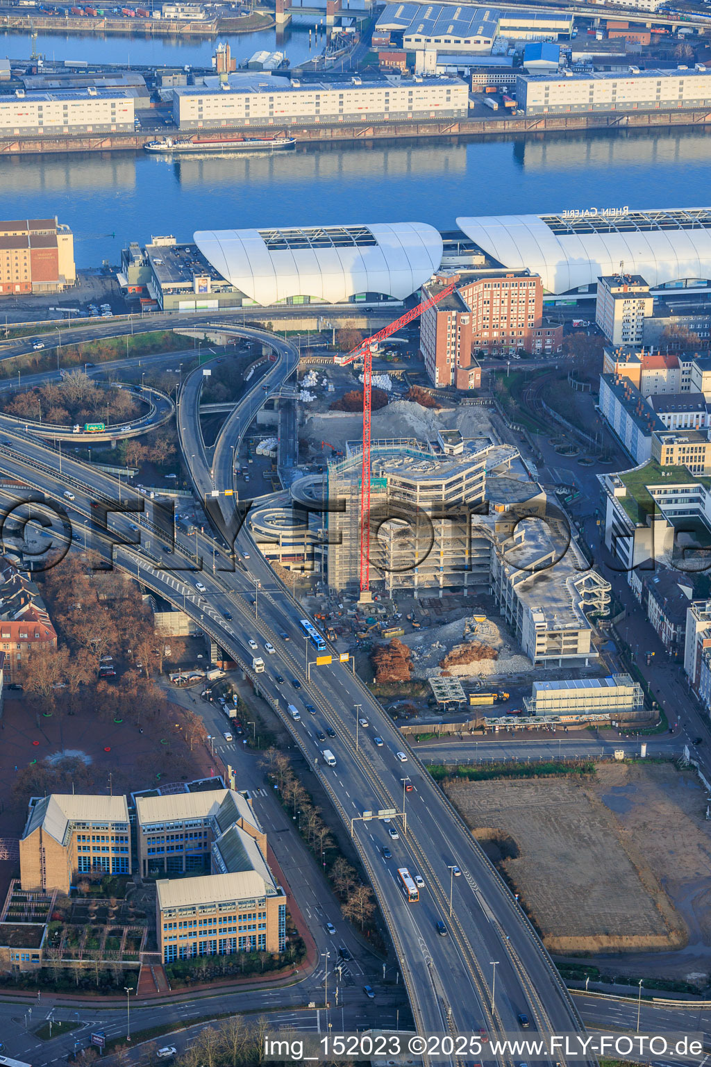 Partially demolished former Ludwigshafen town hall in the former town hall center on the still-to-be-demolished elevated highway (B44) in the district Mitte in Ludwigshafen am Rhein in the state Rhineland-Palatinate, Germany out of the air
