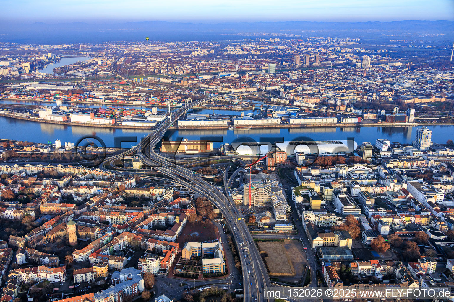 Route of the still to be demolished elevated highway North (B44) past the partially demolished former Ludwigshafen town hall in the former town hall center, across the Kurt-Schuhmacher-Bridge over the Rhine to Mannheim in the district Hemshof in Ludwigshafen am Rhein in the state Rhineland-Palatinate, Germany