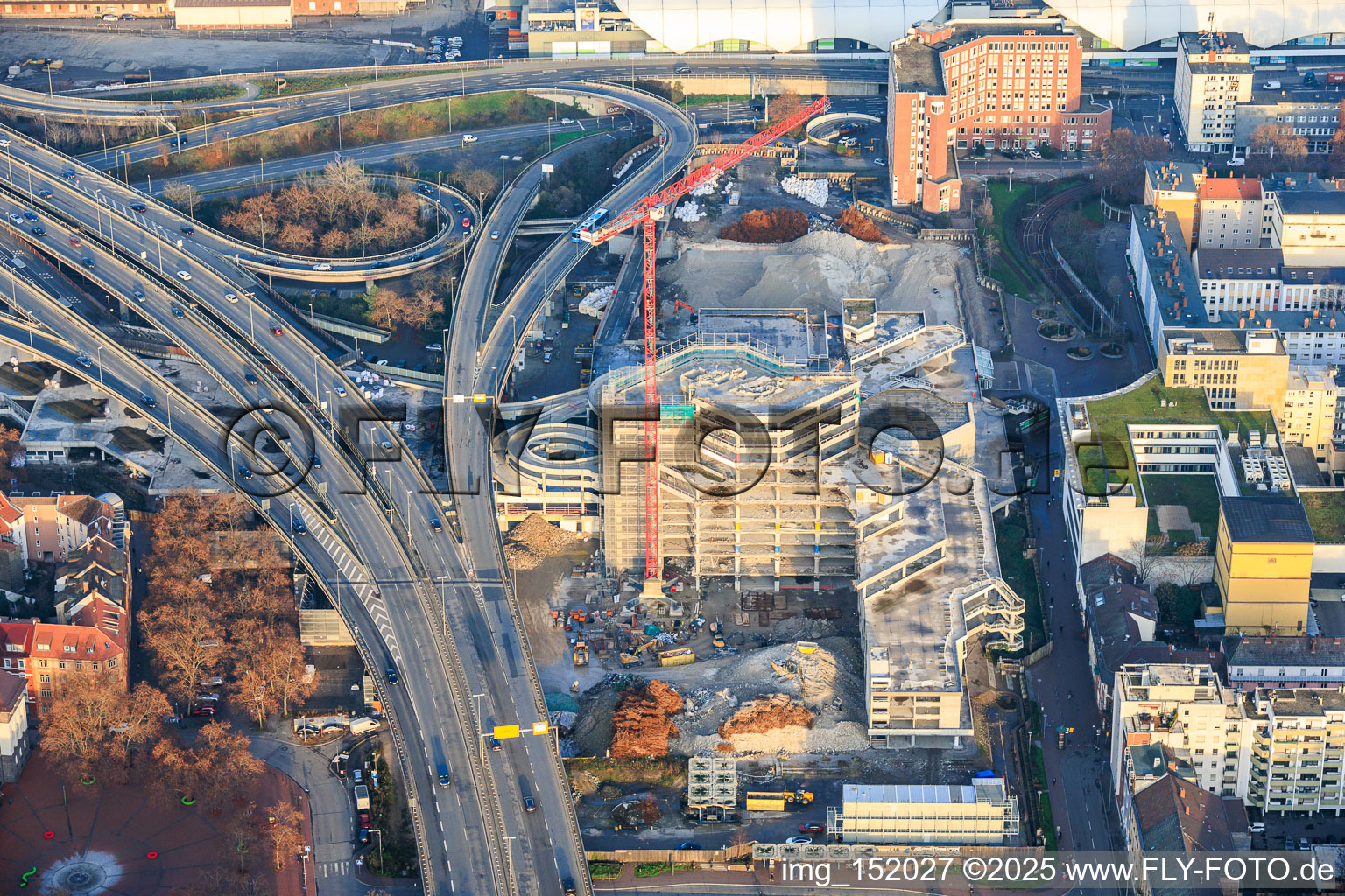 Partially demolished former Ludwigshafen town hall in the former town hall center on the still-to-be-demolished elevated highway (B44) in the district Mitte in Ludwigshafen am Rhein in the state Rhineland-Palatinate, Germany from the plane