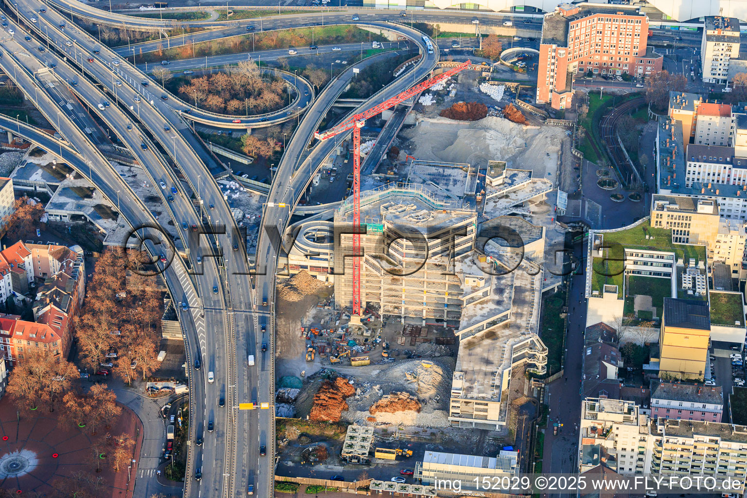 Partially demolished former Ludwigshafen town hall in the former town hall center on the still-to-be-demolished elevated highway (B44) in the district Mitte in Ludwigshafen am Rhein in the state Rhineland-Palatinate, Germany viewn from the air