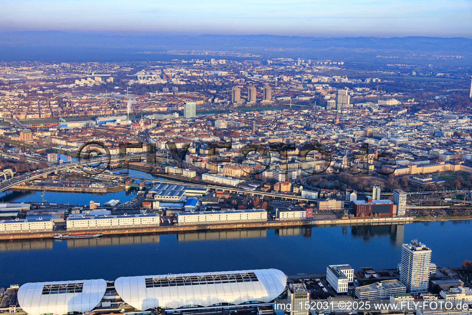 City view from the west between the Rhine and Neckar rivers in the district Innenstadt in Mannheim in the state Baden-Wuerttemberg, Germany