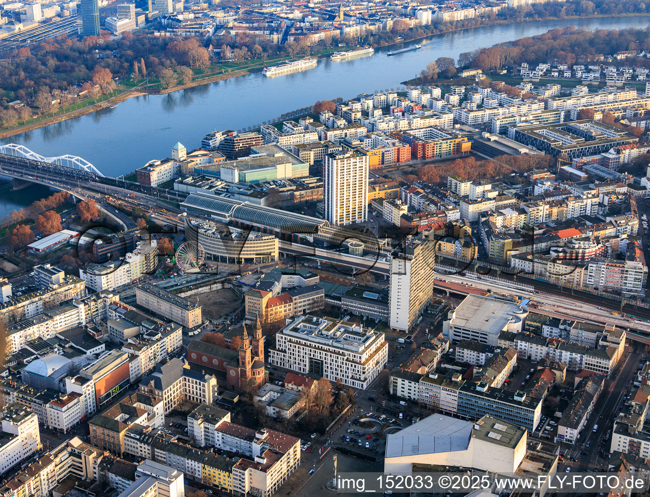 Aerial view of Large hole in Ludwigshafen and Berliner Platz with Ferris wheel at the Christmas market in front of the Apollonia Kurpfalz Clinic in the district Mitte in Ludwigshafen am Rhein in the state Rhineland-Palatinate, Germany