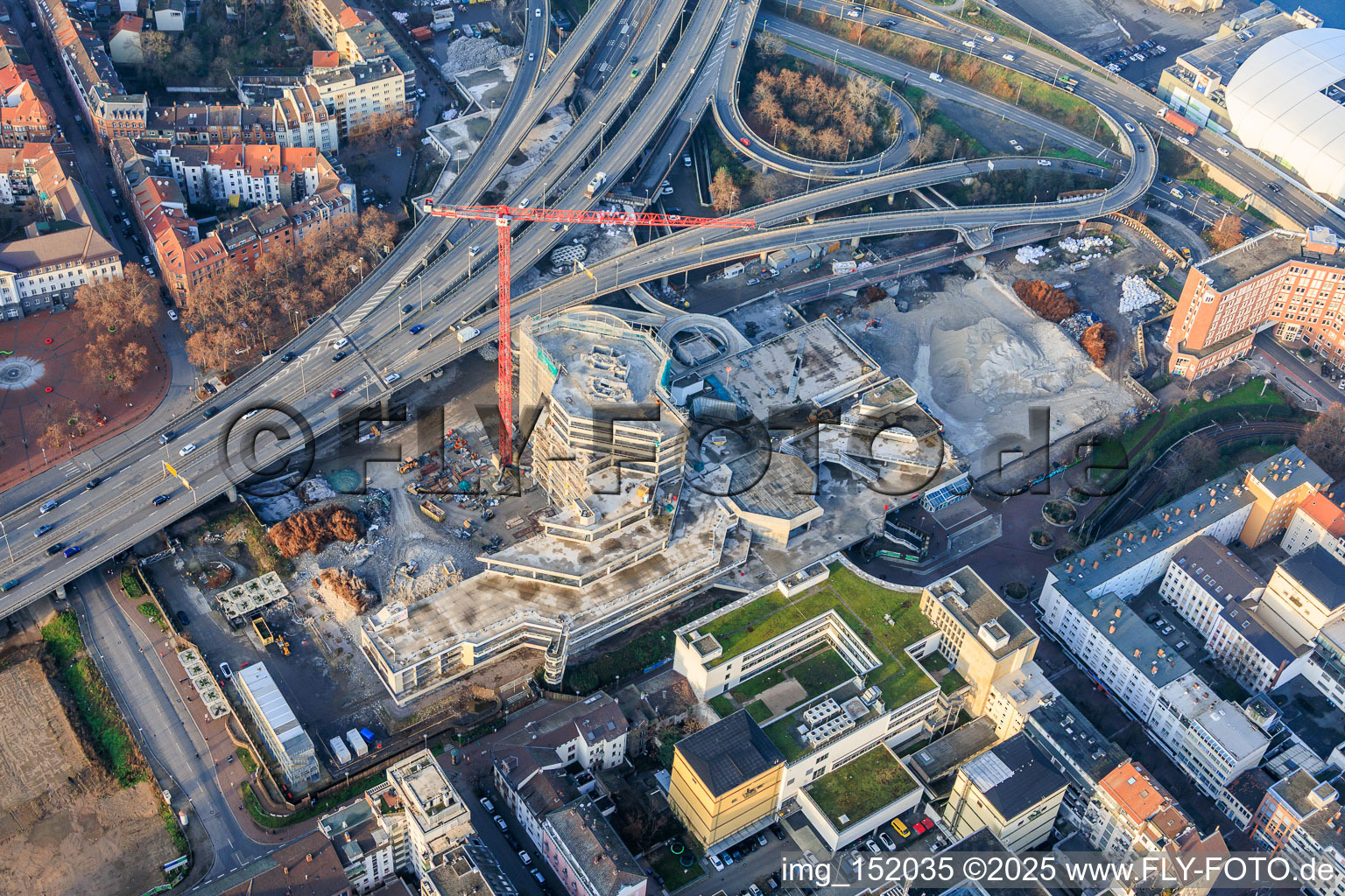 Drone recording of Partially demolished former Ludwigshafen town hall in the former town hall center on the still-to-be-demolished elevated highway (B44) in the district Mitte in Ludwigshafen am Rhein in the state Rhineland-Palatinate, Germany