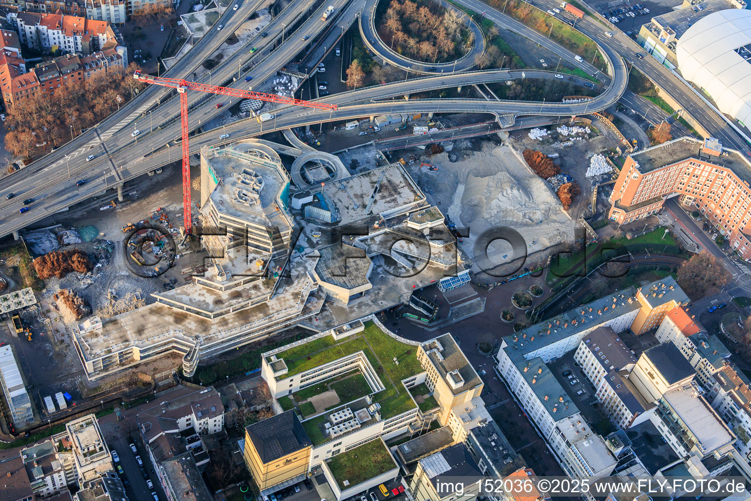 Drone image of Partially demolished former Ludwigshafen town hall in the former town hall center on the still-to-be-demolished elevated highway (B44) in the district Mitte in Ludwigshafen am Rhein in the state Rhineland-Palatinate, Germany