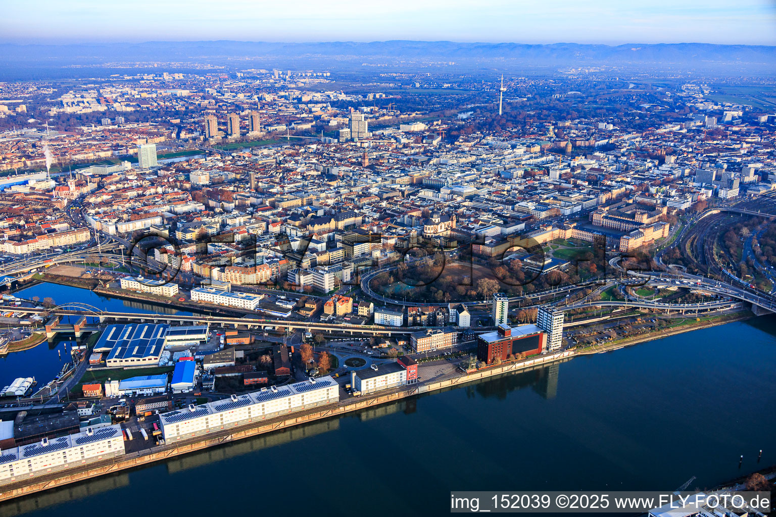 Aerial view of City view from the west between the Rhine and Neckar rivers in the district Innenstadt in Mannheim in the state Baden-Wuerttemberg, Germany