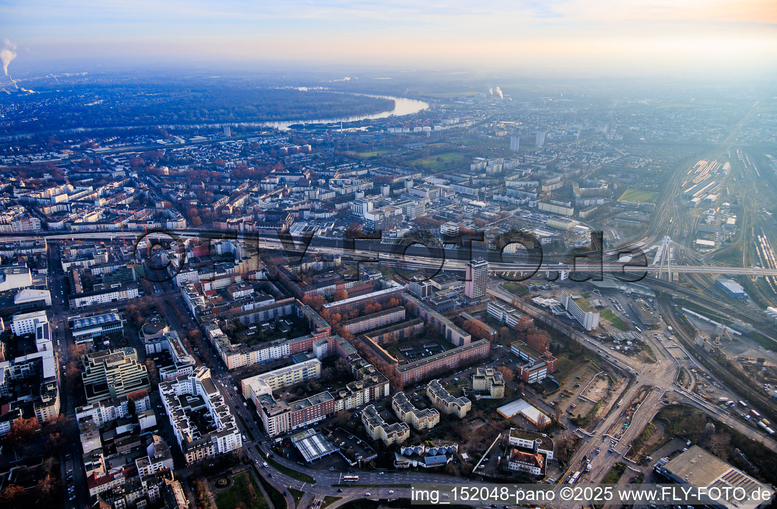 Pylon bridge and construction site for the renovation of the elevated highway Süd (B37) over the main train station from the north in the district Süd in Ludwigshafen am Rhein in the state Rhineland-Palatinate, Germany
