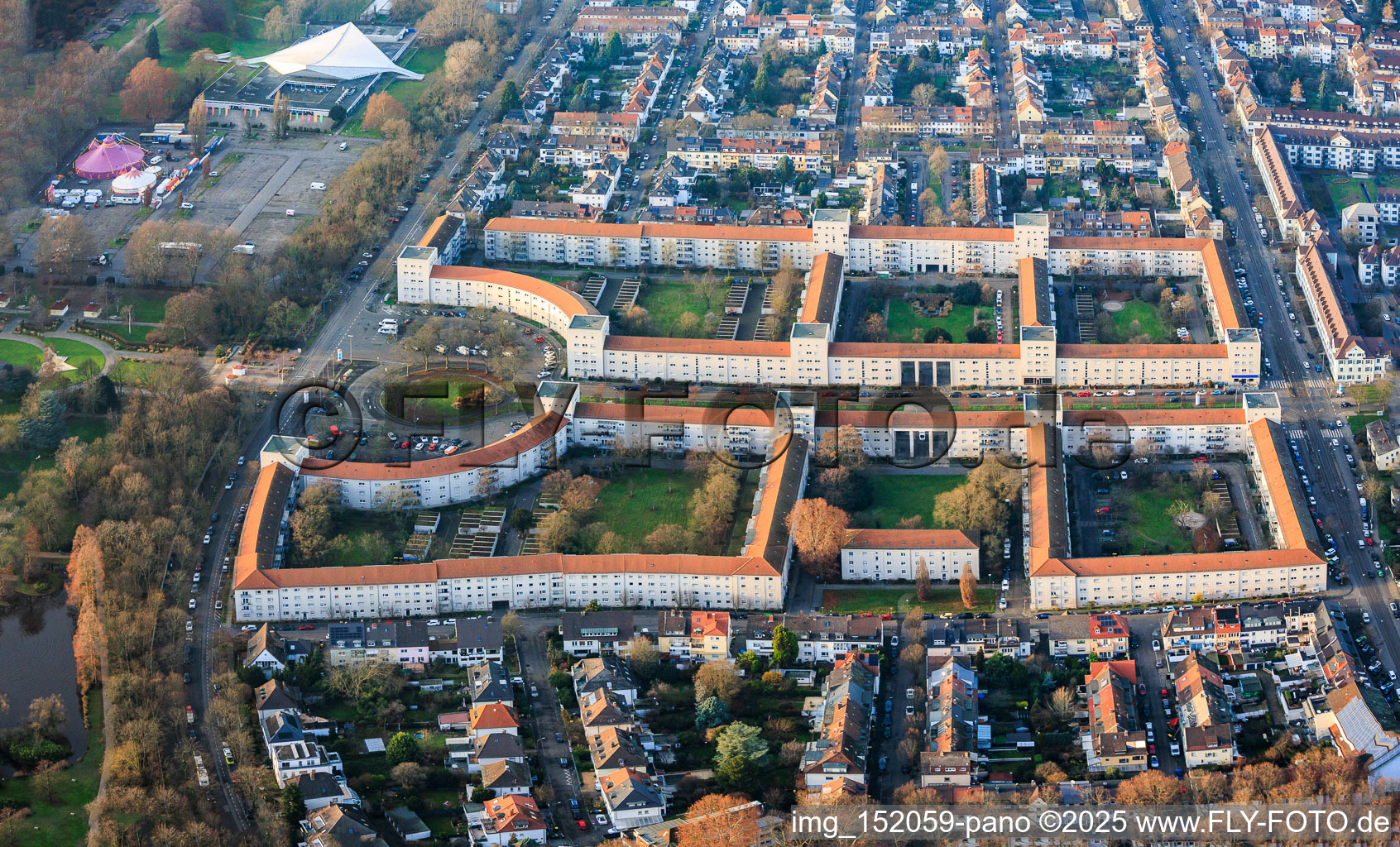 Aerial view of Ebertstraße residential complex at Ebertpark in the district Friesenheim in Ludwigshafen am Rhein in the state Rhineland-Palatinate, Germany