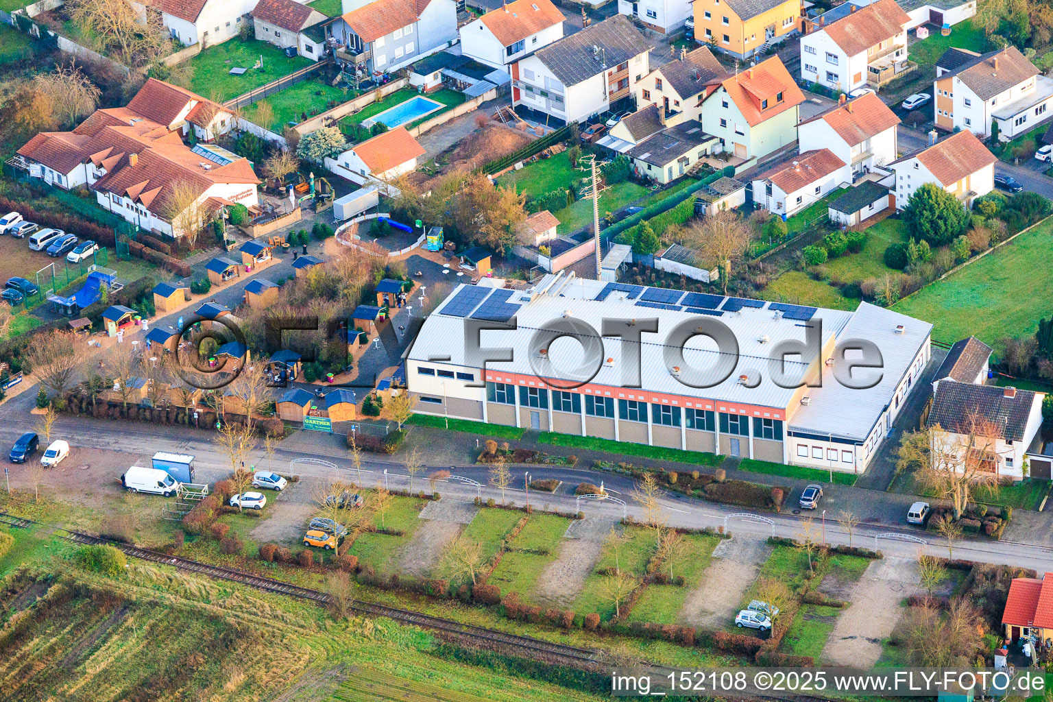 Aerial view of Christmas market at the Fuchsbachhalle in Zeiskam in the state Rhineland-Palatinate, Germany