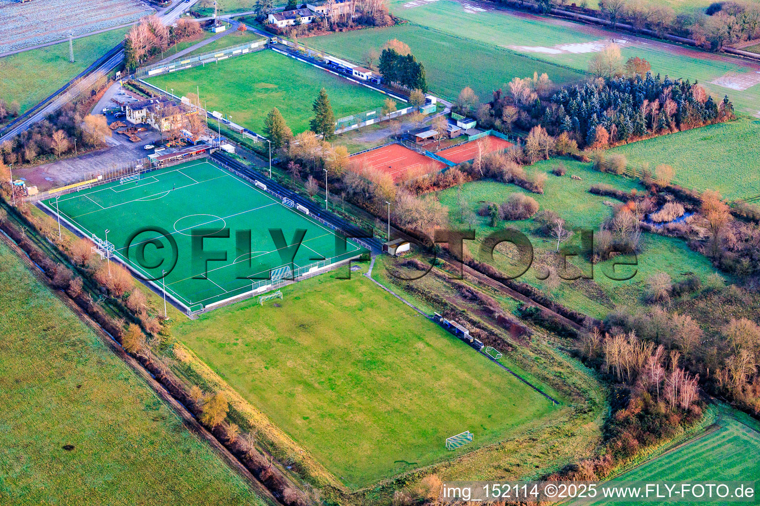 Sports grounds of TB Jahn 1896 eV and TC '86 eV in Zeiskam in the state Rhineland-Palatinate, Germany seen from above