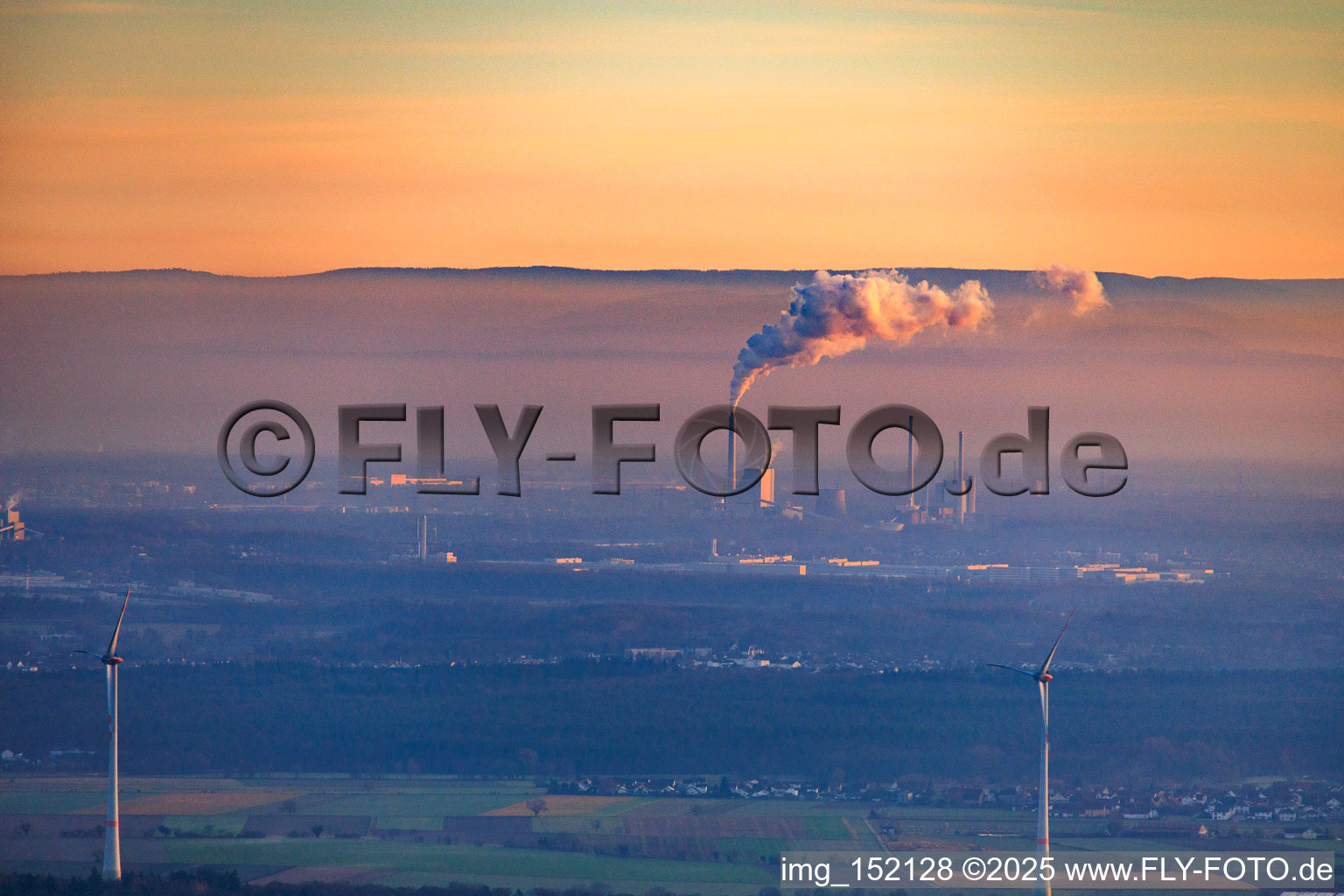 Aerial view of Rhine port steam power plant Karlsruhe seen from Offenbach on a foggy winter evening in the district Daxlanden in Karlsruhe in the state Baden-Wuerttemberg, Germany