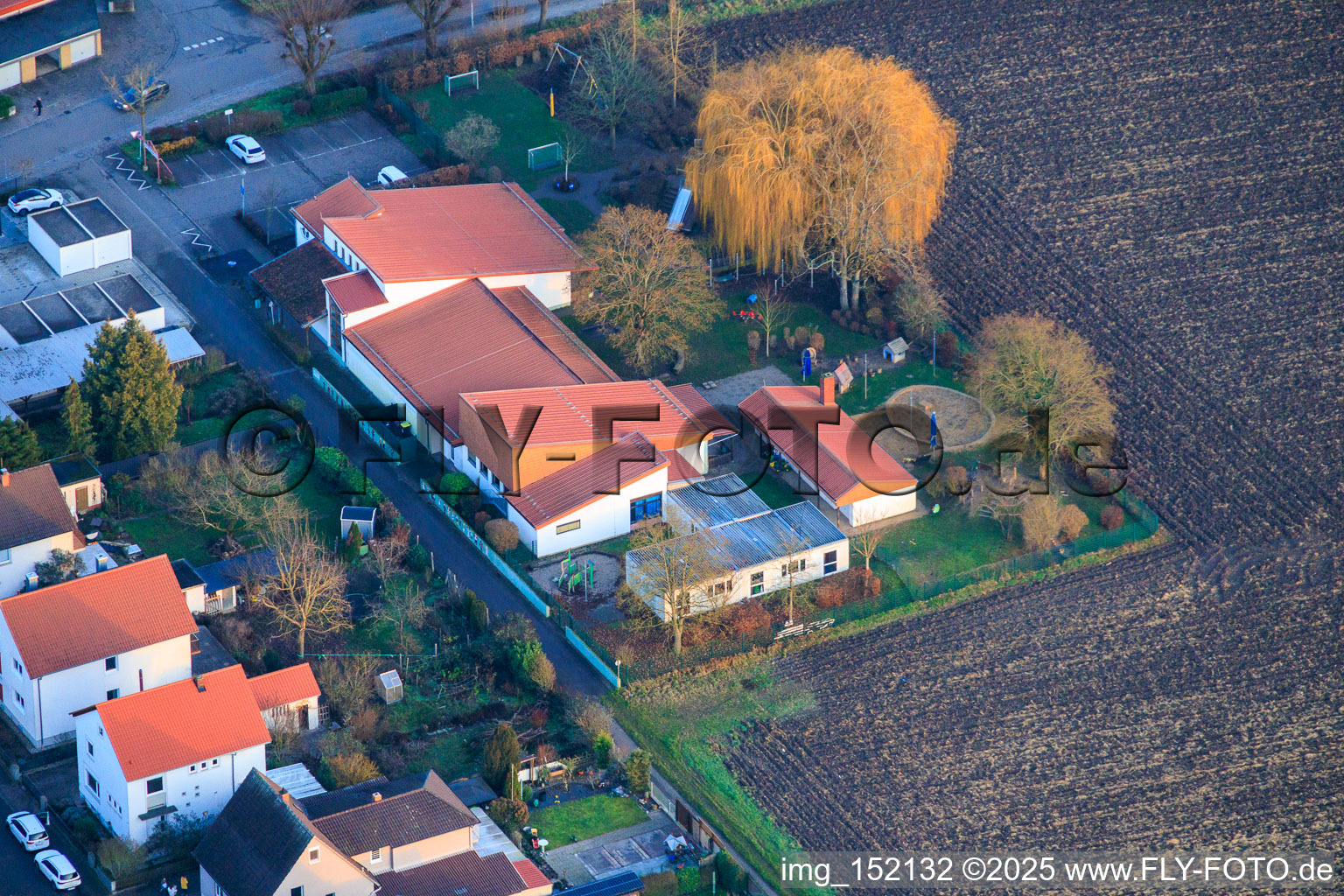 Aerial view of Am Niederteich Daycare Center in Herxheim bei Landau in the state Rhineland-Palatinate, Germany