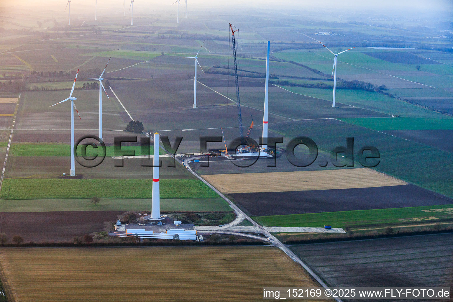 Giant crane for the repowering of the wind farm Minfeld. JUWI is replacing four old turbines (GE 1.5) from 2004 with two new, modern Vestas V162 turbines, each with six MW. in Minfeld in the state Rhineland-Palatinate, Germany