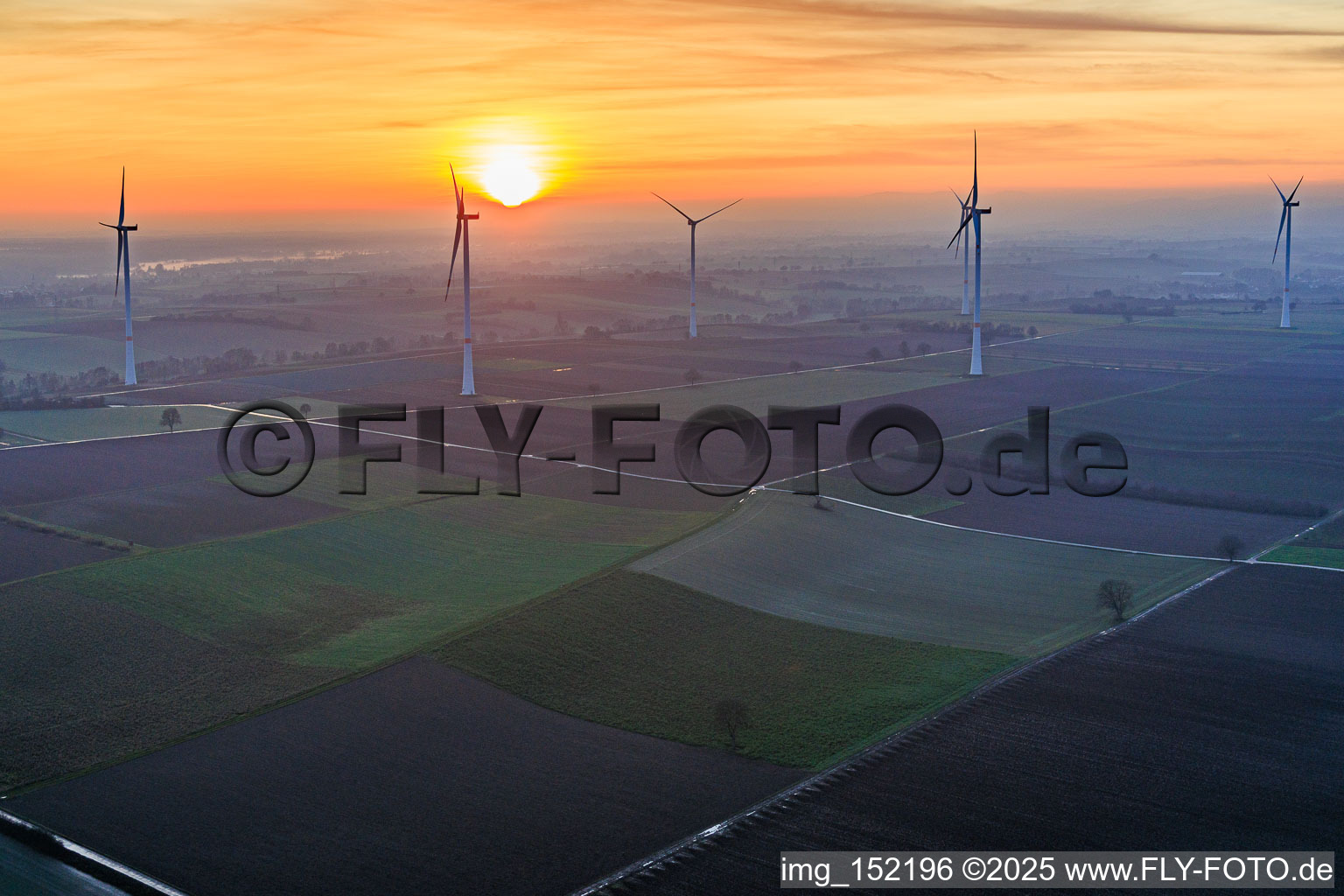 Sunset at the wind farm Freckenfeld in Freckenfeld in the state Rhineland-Palatinate, Germany