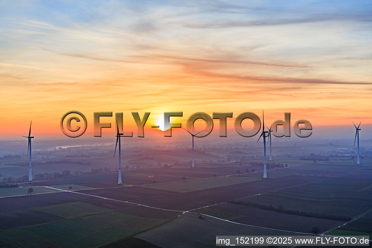 Aerial view of Sunset at the wind farm Freckenfeld in Freckenfeld in the state Rhineland-Palatinate, Germany
