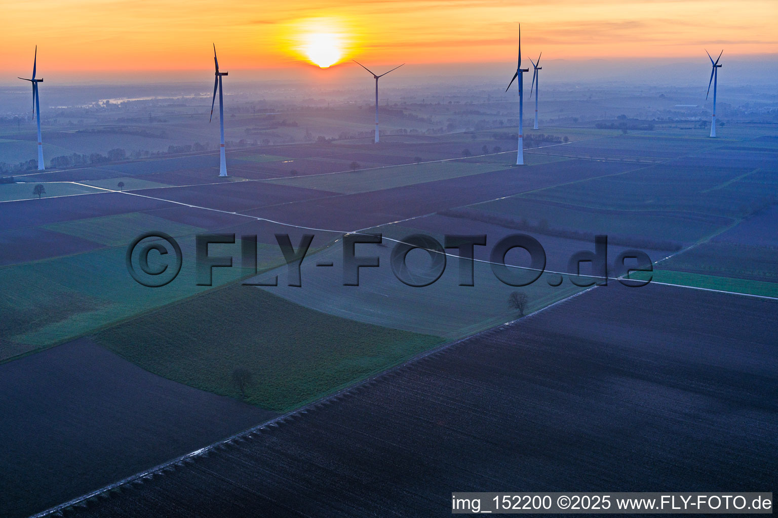 Aerial photograpy of Sunset at the wind farm Freckenfeld in Freckenfeld in the state Rhineland-Palatinate, Germany