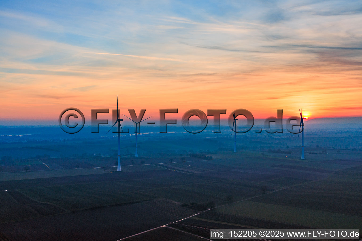 Sunset at the wind farm Freckenfeld in Freckenfeld in the state Rhineland-Palatinate, Germany from above