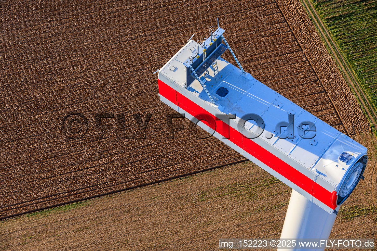 Aerial view of Repowering of the wind farm Minfeld. JUWI is replacing four old turbines (GE 1.5) from 2004 with two new, modern Vestas V162 turbines, each with a capacity of six MW. in Minfeld in the state Rhineland-Palatinate, Germany