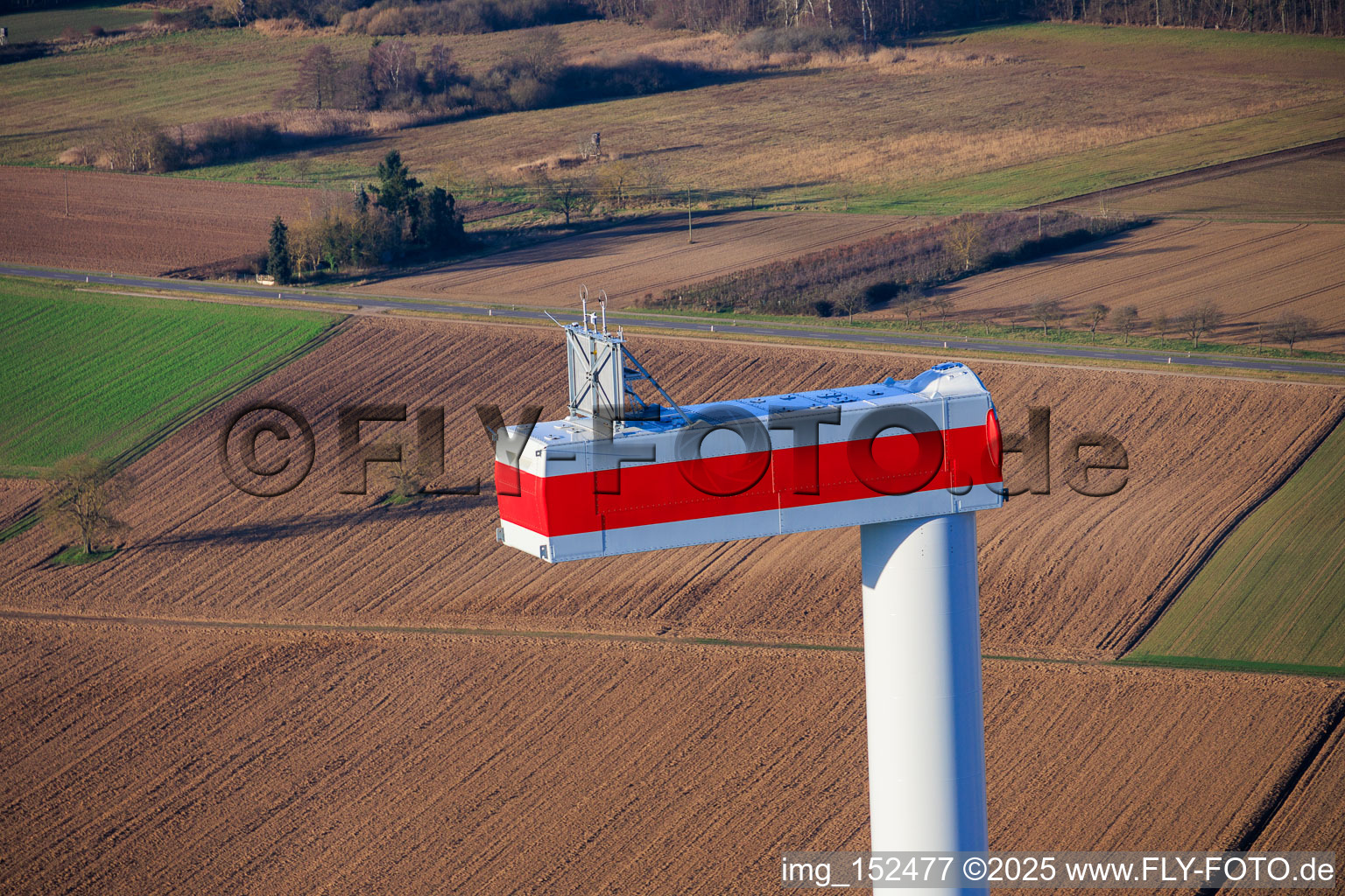 Aerial photograpy of Repowering of the wind farm Minfeld. JUWI is replacing four old turbines (GE 1.5) from 2004 with two new, modern Vestas V162 turbines, each with a capacity of six MW. in Minfeld in the state Rhineland-Palatinate, Germany