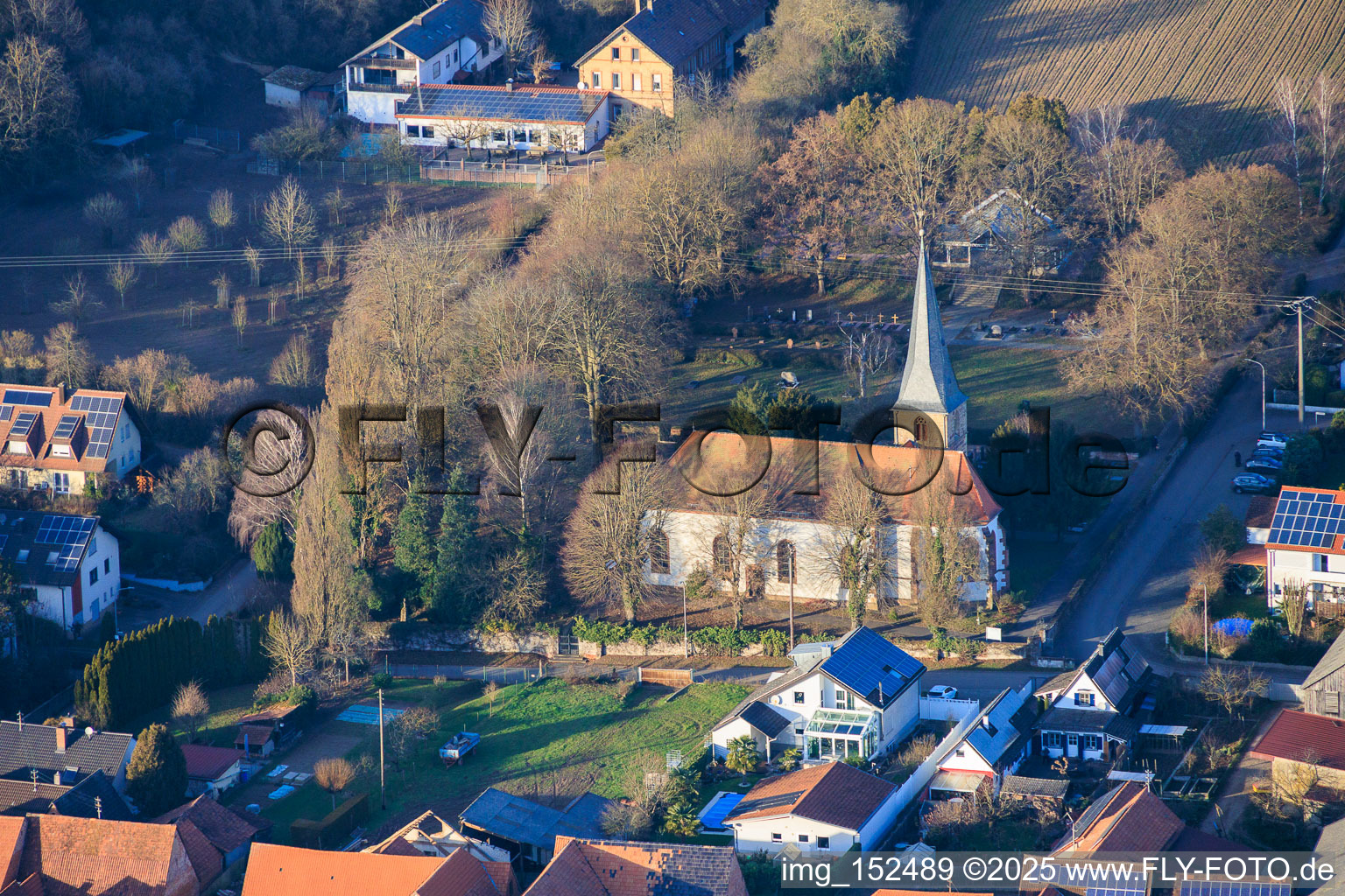 Protestant Wolfgang Church in winter without snow in Freckenfeld in the state Rhineland-Palatinate, Germany