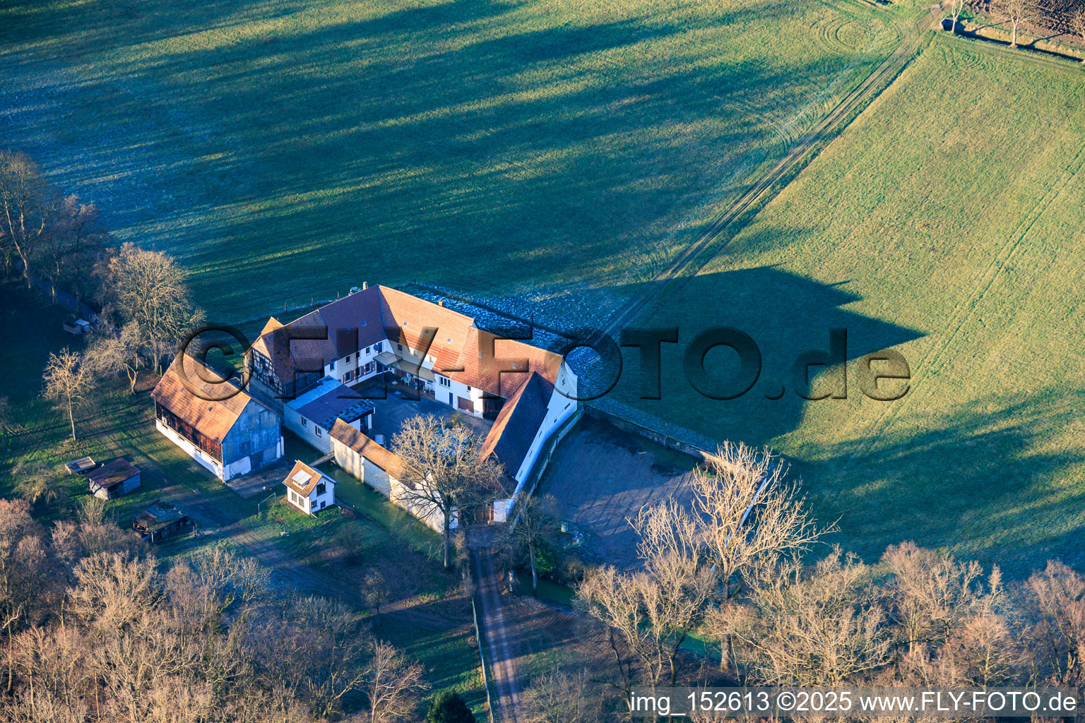 Herrenmühle am Erlenbach in the district Minderslachen in Kandel in the state Rhineland-Palatinate, Germany from above