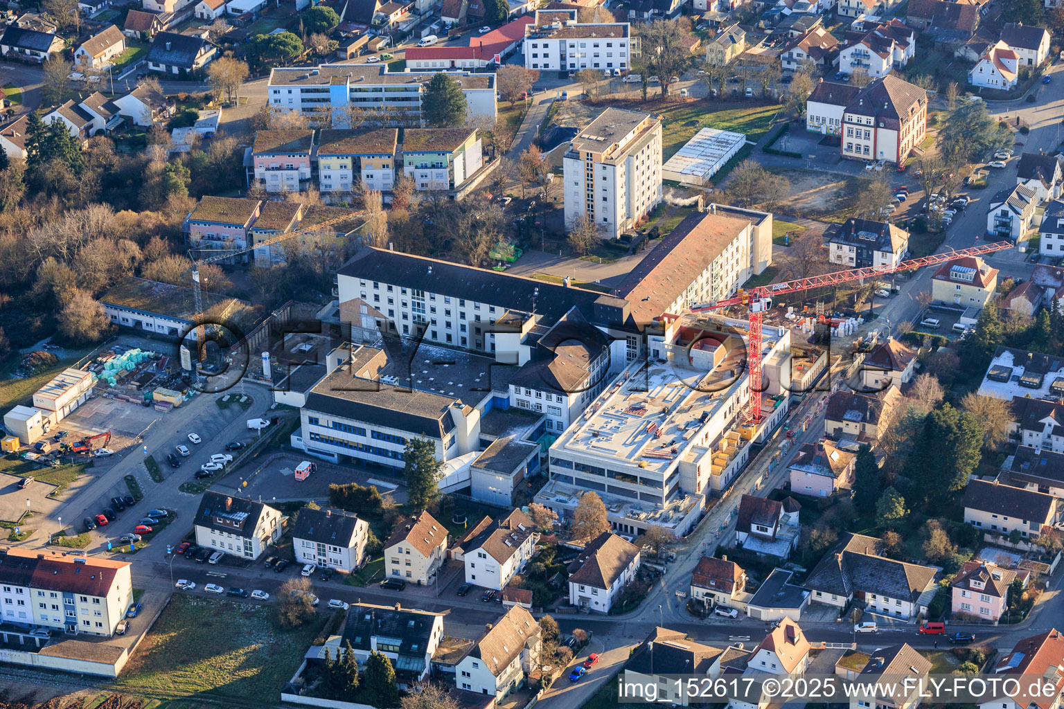 Drone recording of Construction site for the expansion of the Asklepios Südpfalzklinik Kandel in Kandel in the state Rhineland-Palatinate, Germany