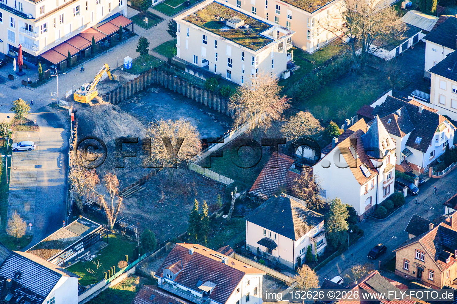 Construction pit for the expansion of the residential complex in the city center in Wörth am Rhein in the state Rhineland-Palatinate, Germany