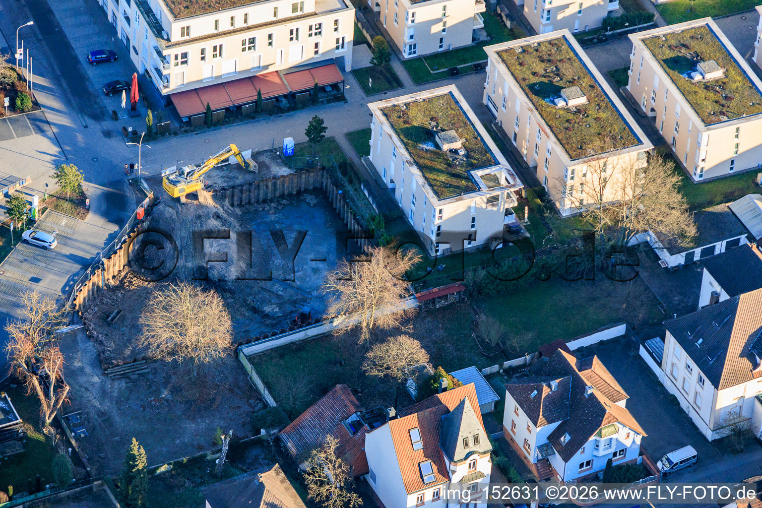 Aerial photograpy of Construction pit for the expansion of the residential complex in the city center in Wörth am Rhein in the state Rhineland-Palatinate, Germany