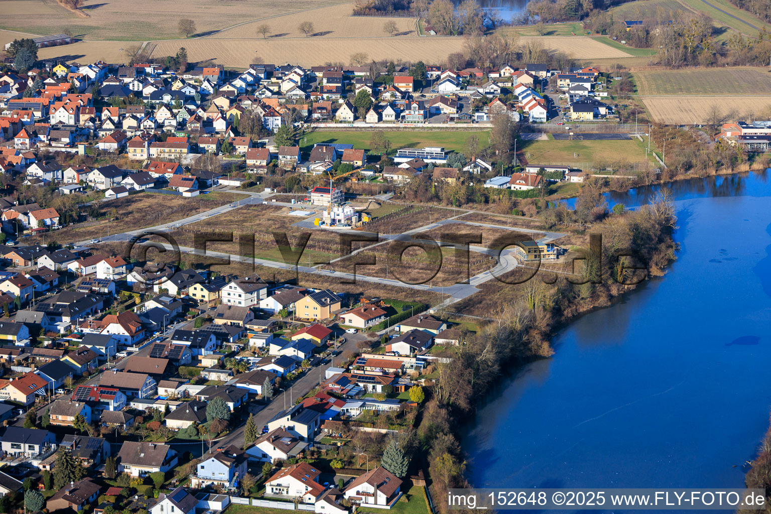 Aerial view of New development area between Michelsbach and Fischmal in Leimersheim in the state Rhineland-Palatinate, Germany