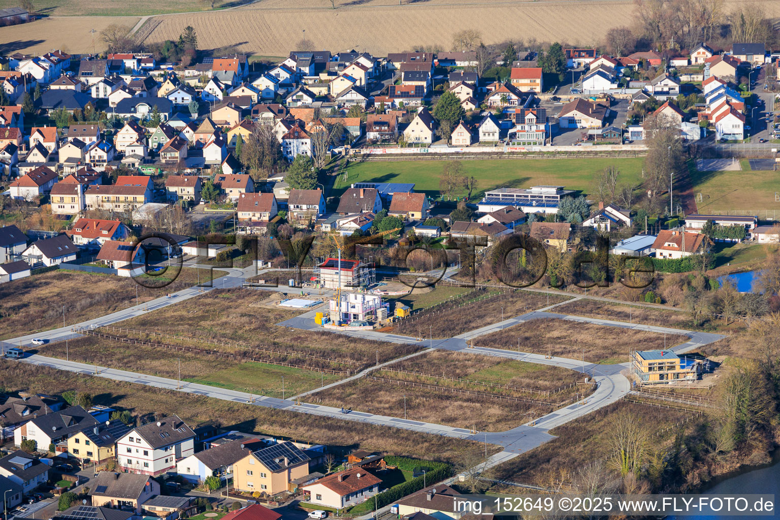 Aerial photograpy of New development area between Michelsbach and Fischmal in Leimersheim in the state Rhineland-Palatinate, Germany