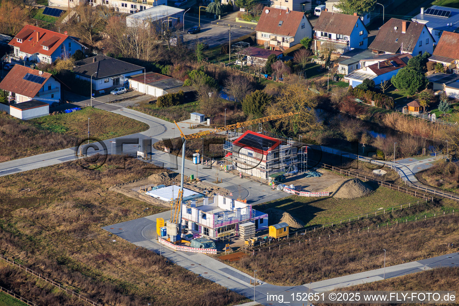 Oblique view of New development area between Michelsbach and Fischmal in Leimersheim in the state Rhineland-Palatinate, Germany
