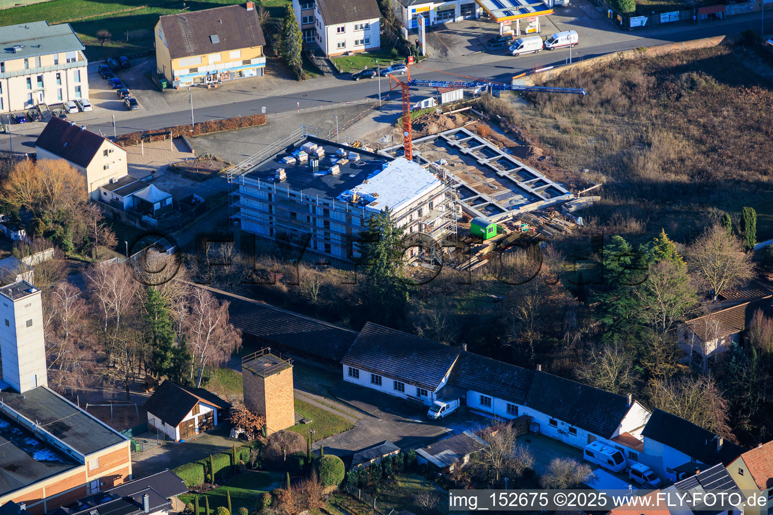 Aerial photograpy of Construction site for apartment buildings on Neue Landstraße in Rülzheim in the state Rhineland-Palatinate, Germany