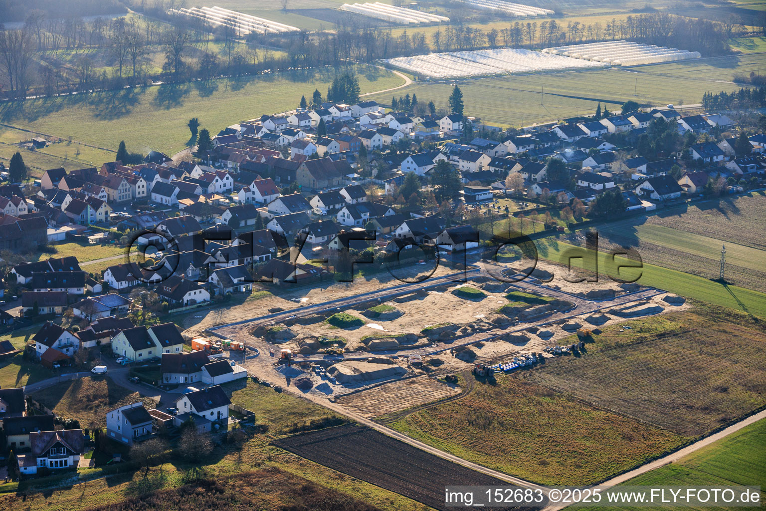 Aerial view of New development area "In den Kieseläckern II" under development in Herxheimweyher in the state Rhineland-Palatinate, Germany