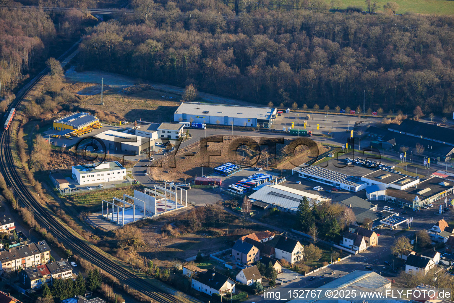 Aerial photograpy of Lauterburger Straße commercial area in Kandel in the state Rhineland-Palatinate, Germany
