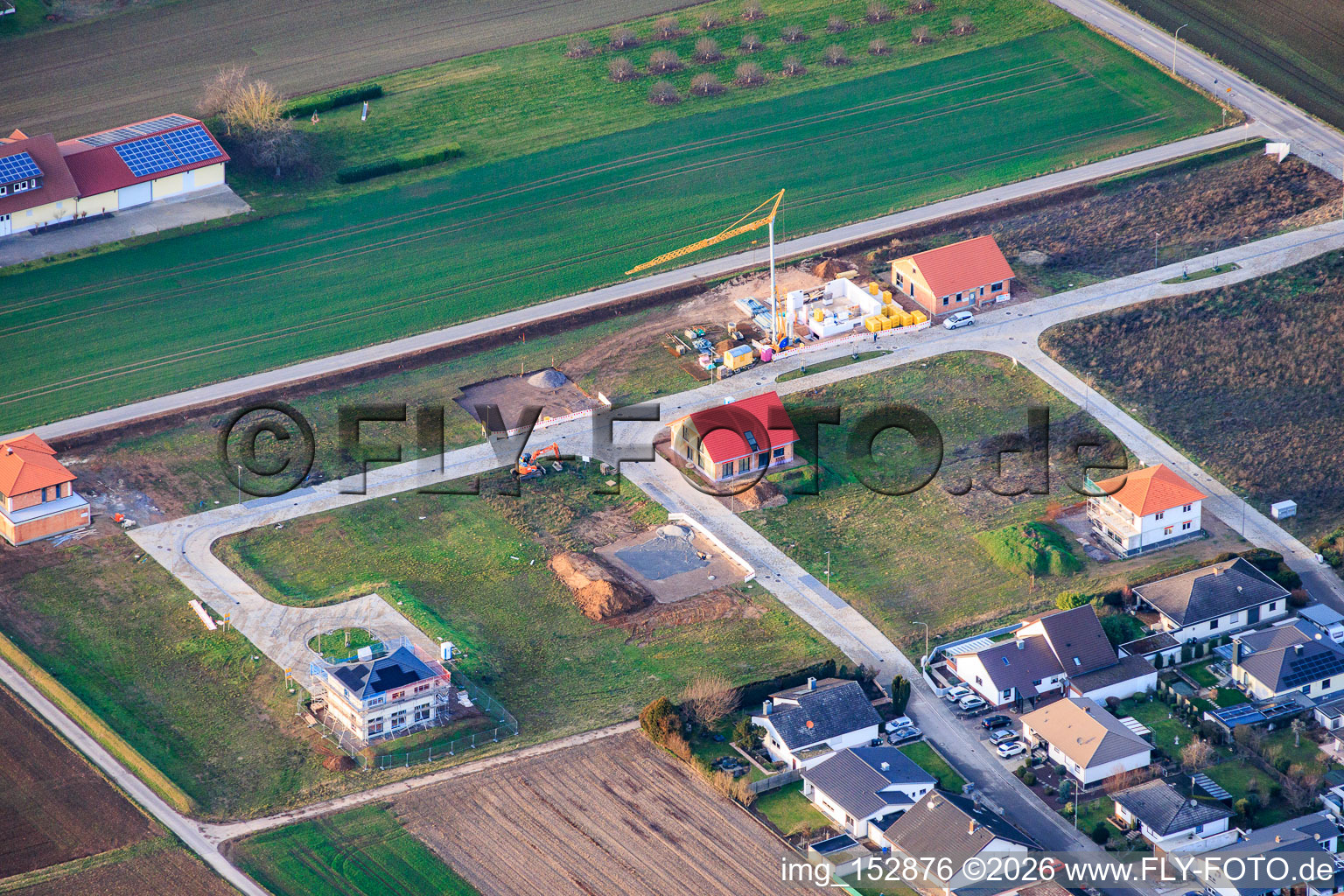 Aerial view of New development area Im Niederfeld in the district Ingenheim in Billigheim-Ingenheim in the state Rhineland-Palatinate, Germany