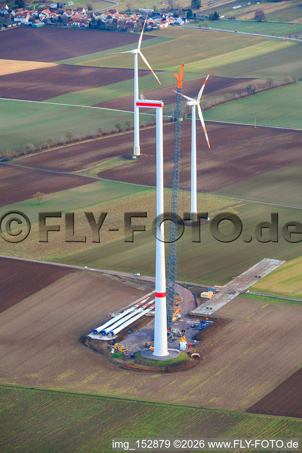 Repowering of the Minfeld wind farm. JUWI is replacing four older turbines (GE 1.5) from 2004 with two new, modern Vestas V162 turbines, each with a capacity of six MW. in Kandel in the state Rhineland-Palatinate, Germany