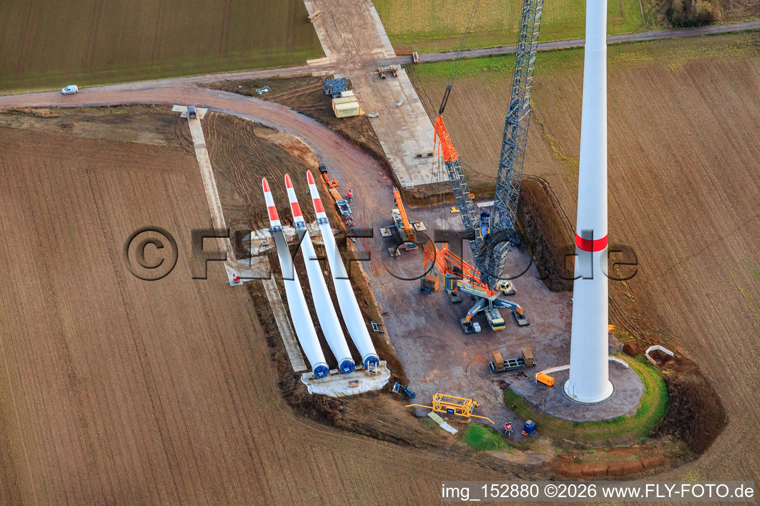 Aerial view of Repowering of the Minfeld wind farm. JUWI is replacing four older turbines (GE 1.5) from 2004 with two new, modern Vestas V162 turbines, each with a capacity of six MW. in Kandel in the state Rhineland-Palatinate, Germany