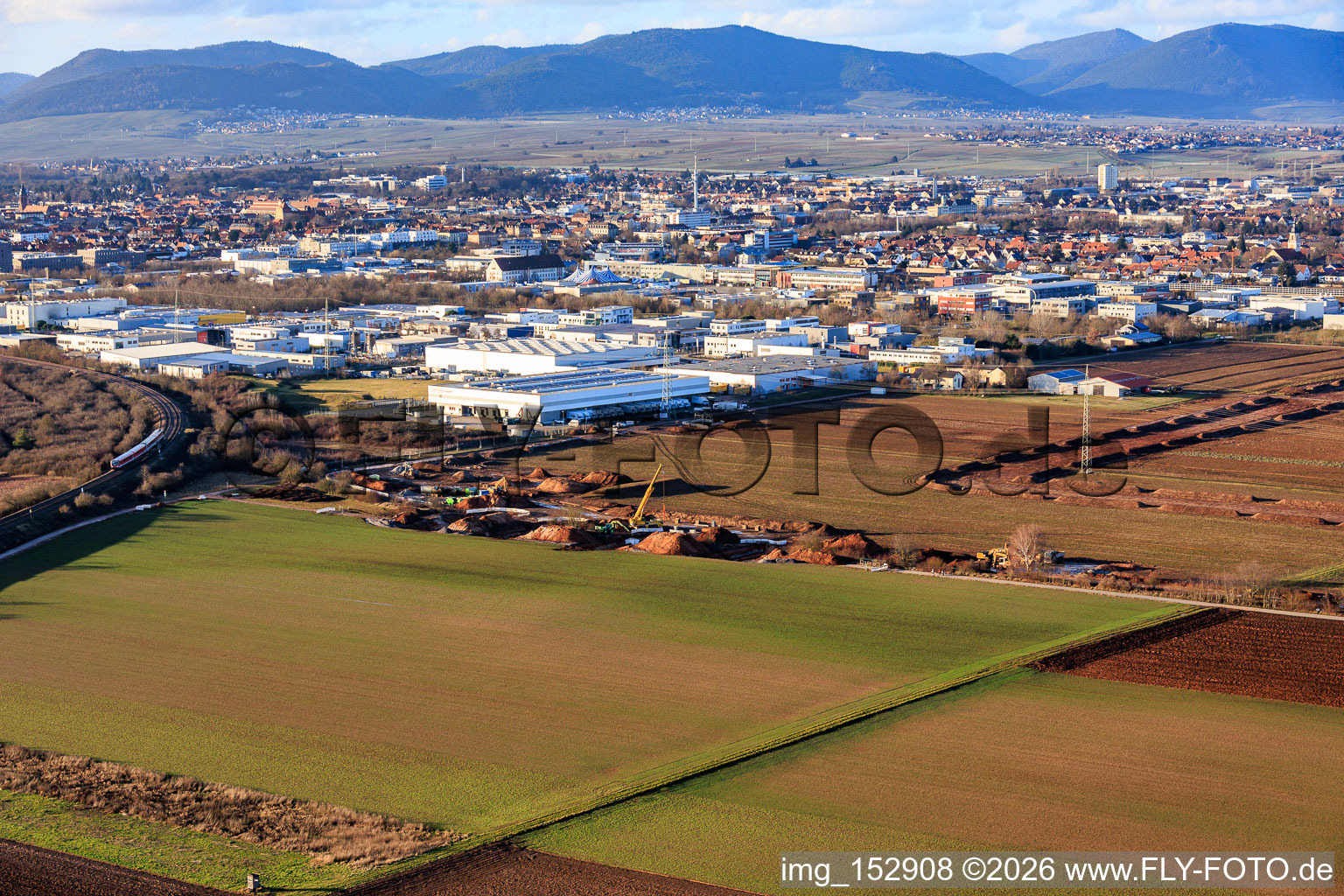 Aerial view of Vulcan Energy construction site for a lithium and geothermal energy extraction plant on the cycle path between Herxheim and Landau in Landau in der Pfalz in the state Rhineland-Palatinate, Germany
