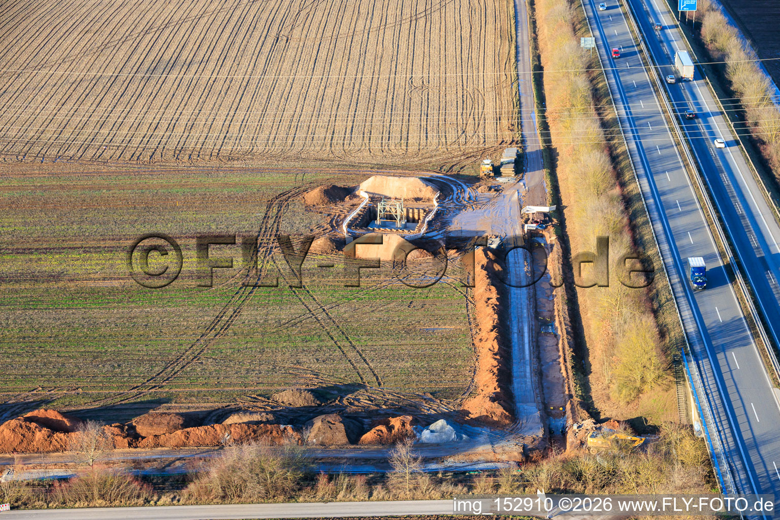 Aerial photograpy of Vulcan Energy construction site for a lithium and geothermal energy extraction plant on the cycle path between Herxheim and Landau in Landau in der Pfalz in the state Rhineland-Palatinate, Germany