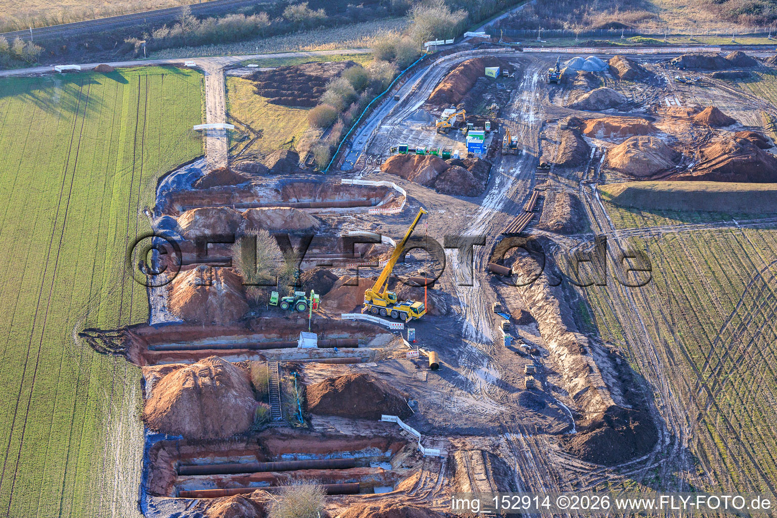 Aerial view of Vulcan Energy construction site for a lithium and geothermal energy extraction plant on the cycle path and former railway line between Herxheim and Landau in Landau in der Pfalz in the state Rhineland-Palatinate, Germany