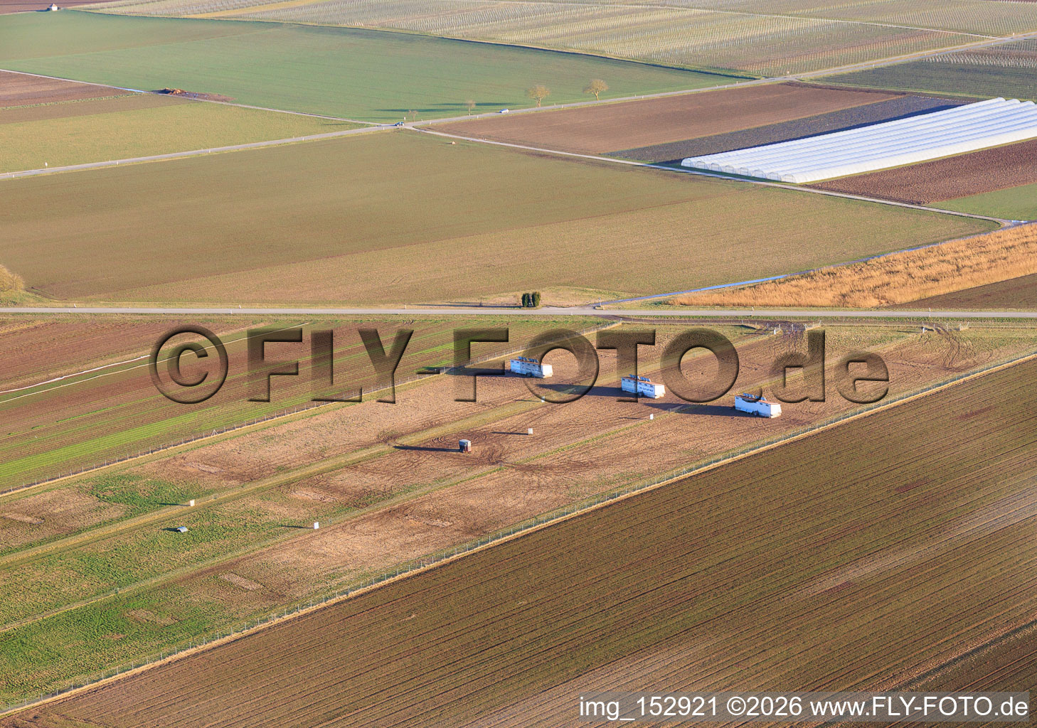 Aerial view of Mobile chicken coop for free-range eggs and the 24-hour egg vending machines at Buschhof in Offenbach an der Queich in the state Rhineland-Palatinate, Germany