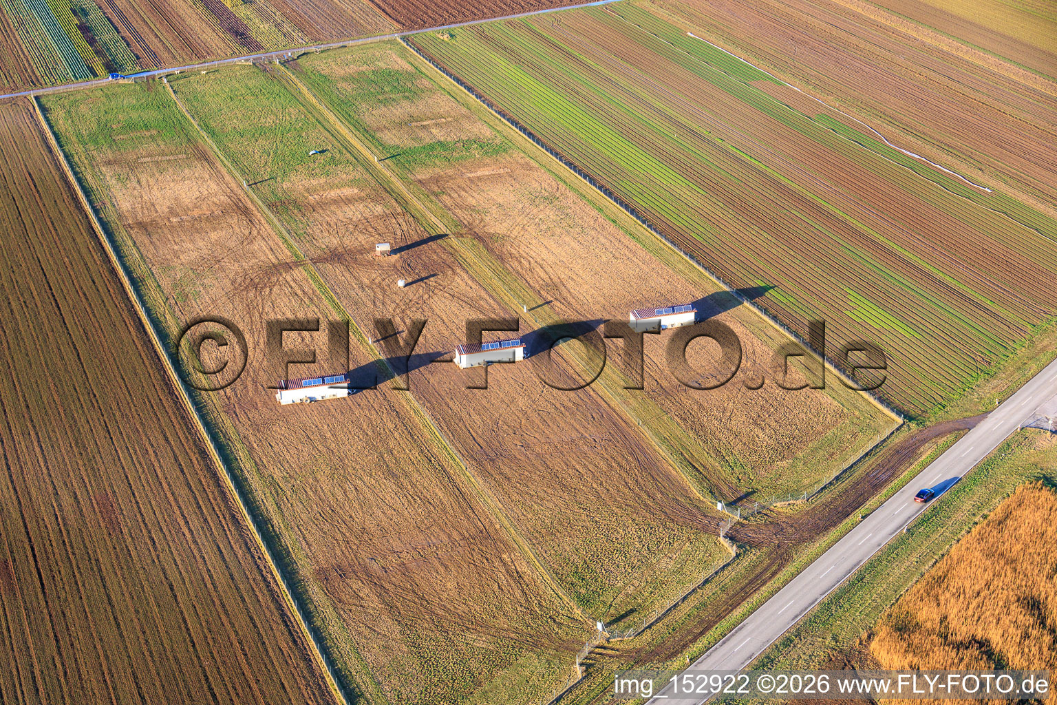 Aerial photograpy of Mobile chicken coop for free-range eggs and the 24-hour egg vending machines at Buschhof in Offenbach an der Queich in the state Rhineland-Palatinate, Germany