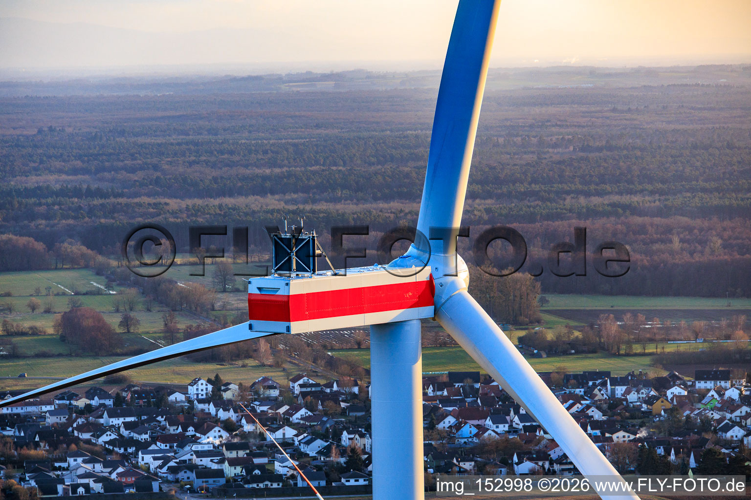 Repowering of the Minfeld wind farm. JUWI is replacing four older turbines (GE 1.5) from 2004 with two new, modern Vestas V162 turbines, each with a capacity of six MW. in Kandel in the state Rhineland-Palatinate, Germany from above
