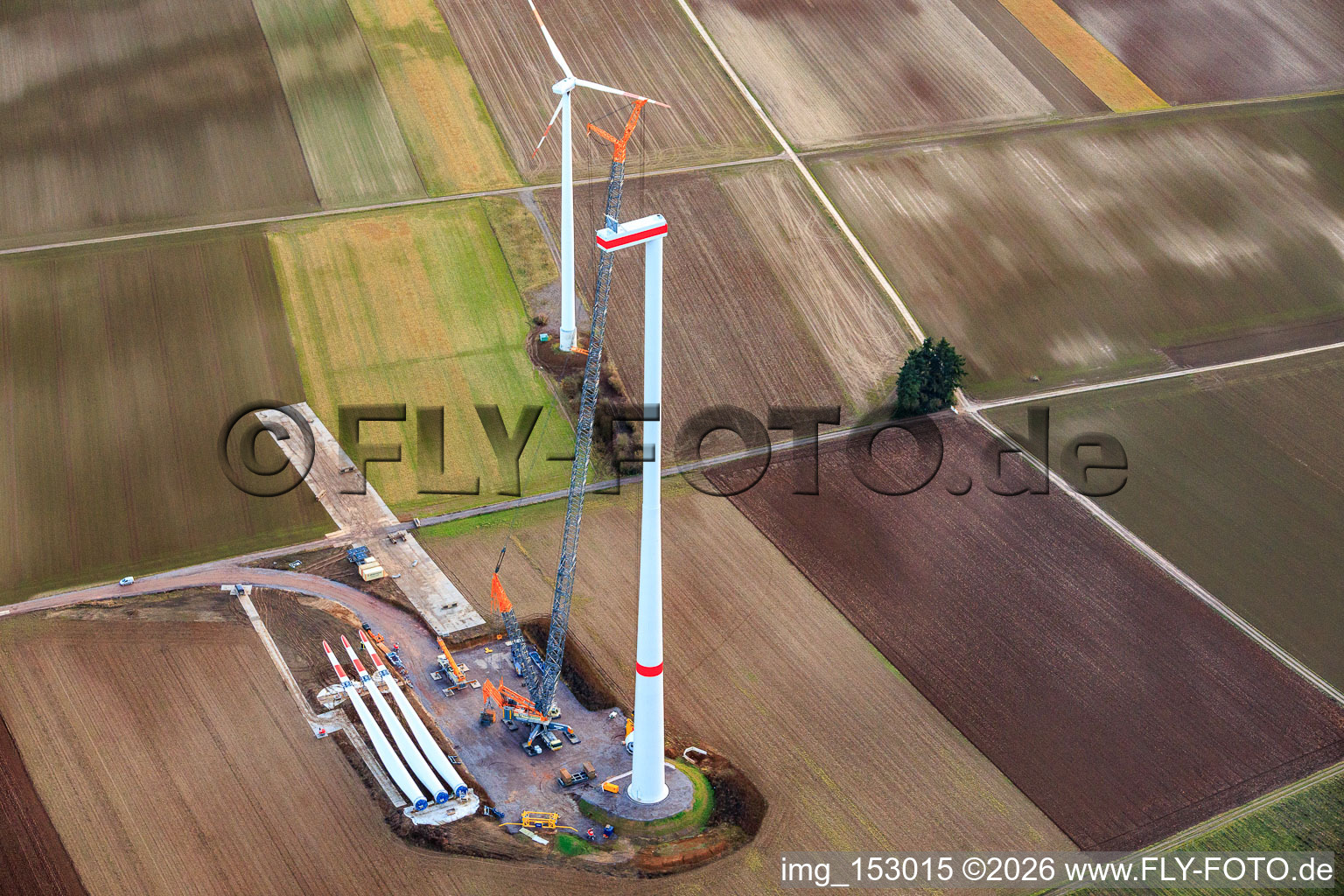 Repowering of the Minfeld wind farm. JUWI is replacing four older turbines (GE 1.5) from 2004 with two new, modern Vestas V162 turbines, each with a capacity of six MW. in Kandel in the state Rhineland-Palatinate, Germany out of the air