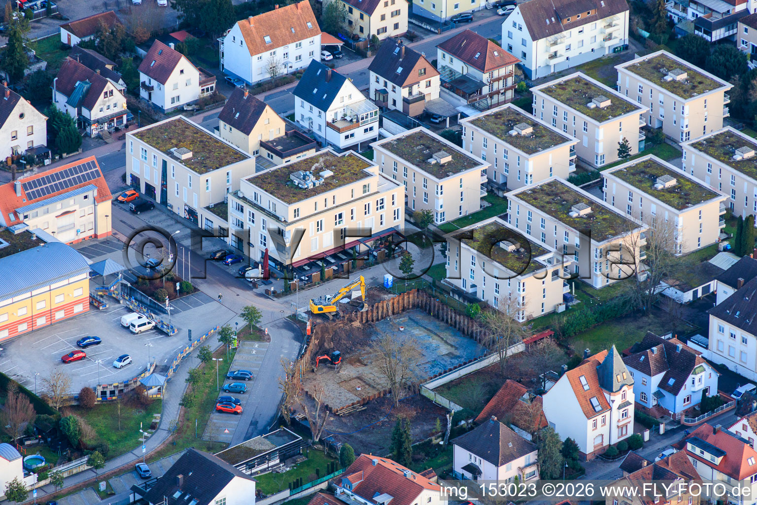Aerial photograpy of Construction pit for the expansion of the residential complex in the city center in Kandel in the state Rhineland-Palatinate, Germany